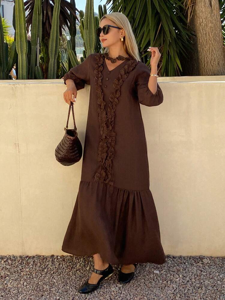 Women's V-Neck Sleeveless Frill Trim Loose Elegant Dress, Vacation Style Sundress