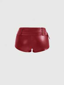 ROMWE Avant Bộ đồ nữ phong cách Gyaru cổ điển, chất liệu PU, gồm áo crop top cạp thấp, cổ xếp ly trang trí và quần short ôm sát ngắn. - Màu Đỏ Sâu - Xem 5