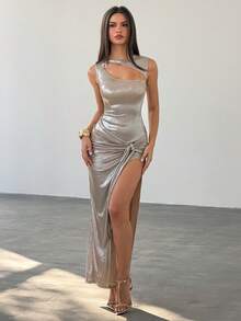 Bluhae 女士时尚性感镂空高开衩连衣裙 - 銀色 - 查看 3