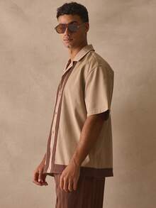 Musero Oversized Boxy Short Sleeve Revere Collar Dropped Shoulder Top Contrast Trim Style Button Through Shirt Spring Summer Essentials - Brown - View 4