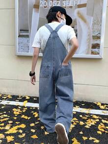 SHEIN 适合青少年男孩的时尚休闲复古街头风蓝色牛仔背带裤，适合日常穿着，也适合春夏派对、音乐节和街头服饰。 - 藍色 - 查看 2
