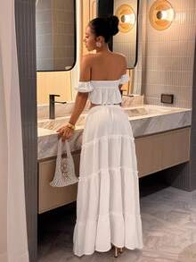 Slaydiva 春夏度假海滩法式甜美可爱约会套装 - 露肩荷叶边上衣和系腰荷叶边长裙 - 白色女士度假套装 - A - 白色 - 查看 2