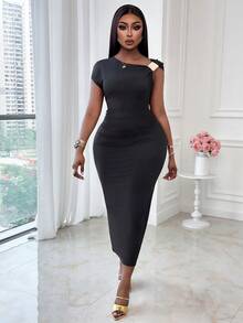 Xyvia Asymmetrical Neckline Waist Cinched Flared Elegant Romantic Dress For Women - Black - View 5