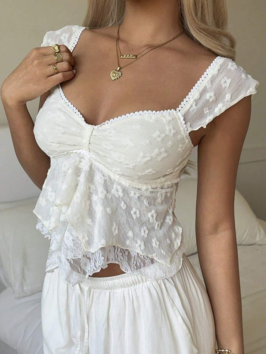 CovetEZ Apricot Casual Women's Sweetheart Collar Ruffle Hem Fashionable Blouse For Summer - Apricot - View 1