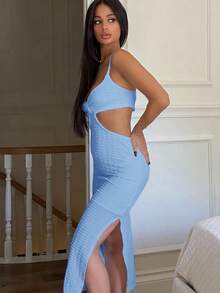 Ronhire Vacation Casual Sexy Lattice Back Camisole, Textured Fabric,Pastel Dresses For Women - Baby Blue - View 4