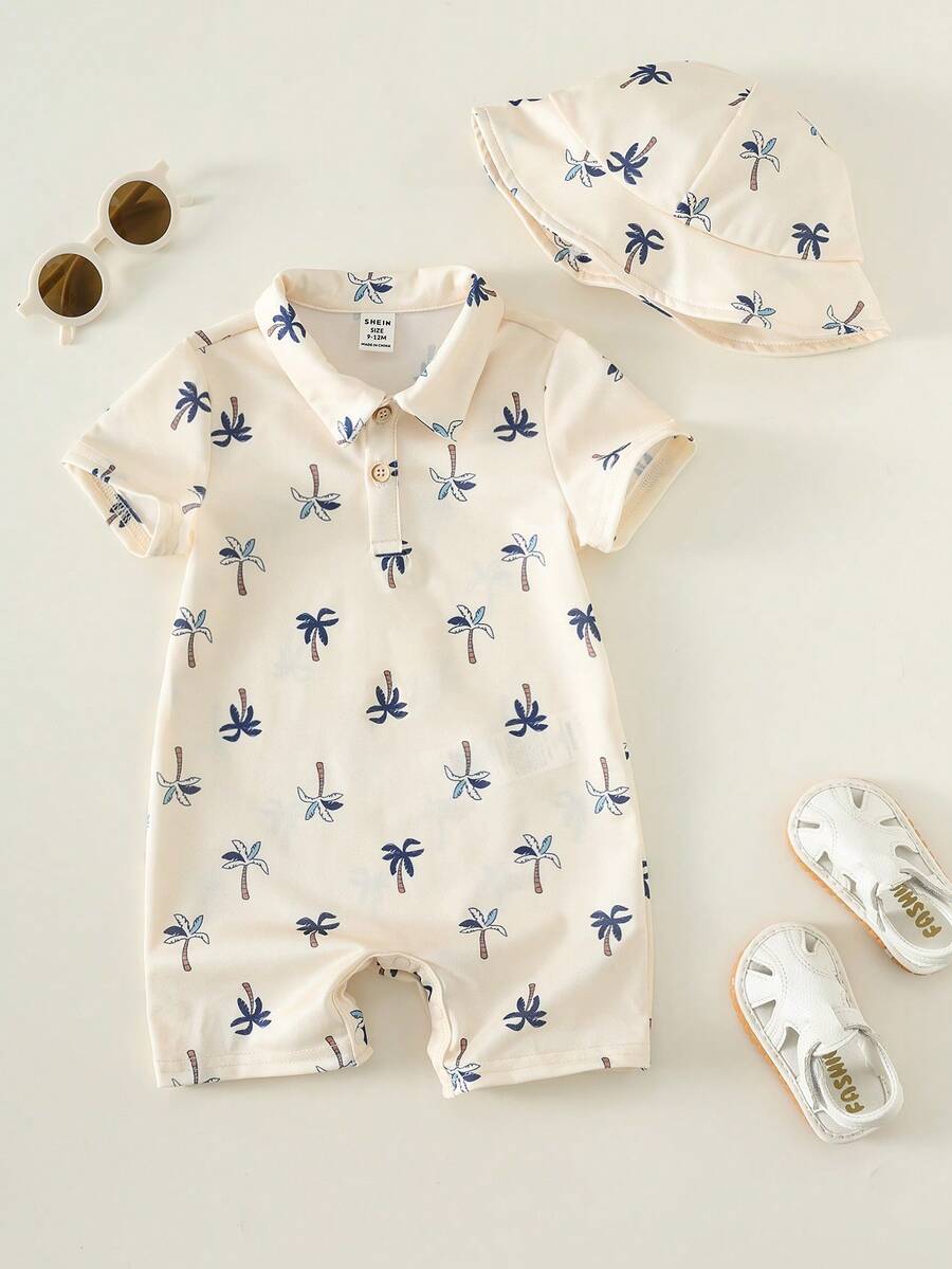 SHEIN Bộ 2 món đồ liền thân và mũ cho bé sơ sinh trai/gái, kiểu dáng mùa hè, dễ thương, in hình cây dừa, thích hợp cho kỳ nghỉ. - Nhiều màu - Xem 1