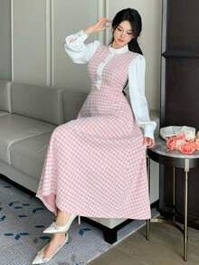 DAZY 春夏粉色格子两件套衬衫裙，优雅百搭，适合情人节、婚礼、派对、时尚活动等场合，修身剪裁，中长款 - 粉色 - 查看 5