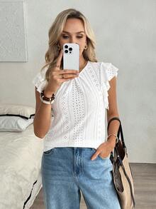Louniche Maglietta estiva casual da donna, colore unito, stile boho con volant, top bianco in voile, camicetta bianca in pizzo traforato, top estivo bianco in pizzo, top con volant bianco in pizzo, top in pizzo bianco per donna, camicia bianca a maniche corte senza pieghe per donna, top bianco da donna, top da allenamento da donna, camicetta da lavoro da donna, top e camicette casual da donna per l'estate, top estivi da donna, camicetta carina da donna casual ed elegante, top estivi da donna - Bianco - Visualizzare 3