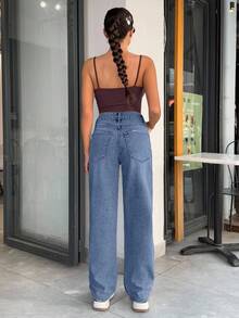 EURMUSE WOMEN WIDE LEG LOW WAIST JEANS - Medium Wash - View 2