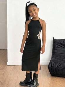 SHEIN Tween Girls' Black Knit Sleeveless Snug Fit Mini Dress With Cutout Waist And Contrast Trim, Versatile All-Match Dress For Spring/Summer - Black and White - View 2