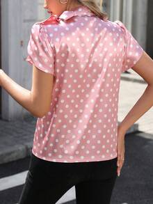 Pariaura Women's Elegant Bow Tie Collar Short Sleeve Blouse, Fashion Spring/Summer Ladies Top, Red Summer Shirt, Party Wear, Polka Dot Fitted Shirt, Beach, Birthday - Pink - View 3