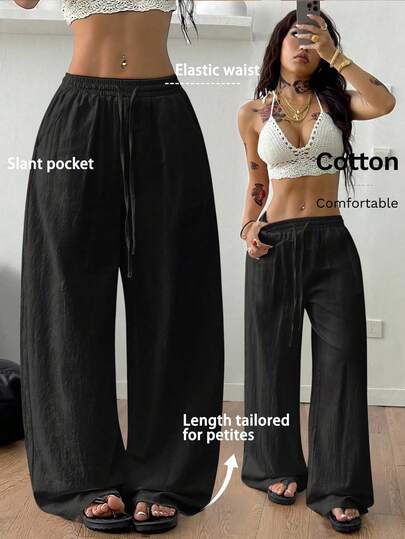 SHEIN Coolane Petite Women's Petite Summer Going Out Streetwear Vintage Casual Vacation Outfits Sport Cotton Comfortable Drawstring Elastic Waistband Comfy Sport Black Baggy Mid Rise Straight Leg Pants Petite Fit Mid Rise Pants For Petite Frames