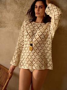 MOTF PREMIUM LOOSE FIT ROUND NECK FLORAL TEXTURED SHEER BEACH COVER UP TOP FOR WOMEN - Apricot - View 6