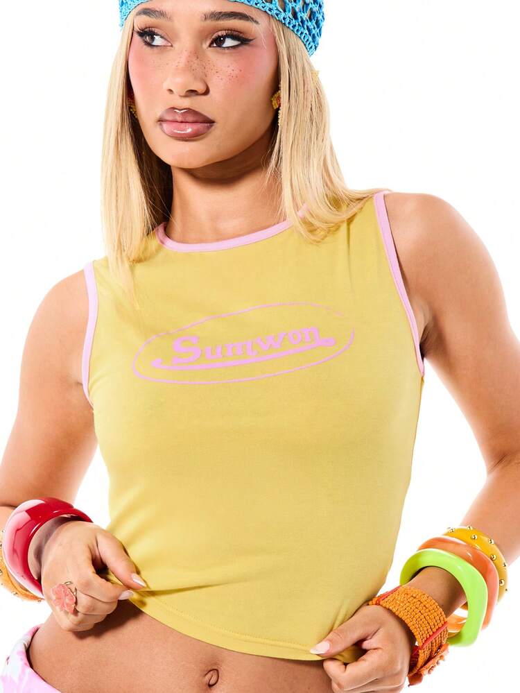SUMWON WOMEN Yellow Contrast Ringer Graphic Tank