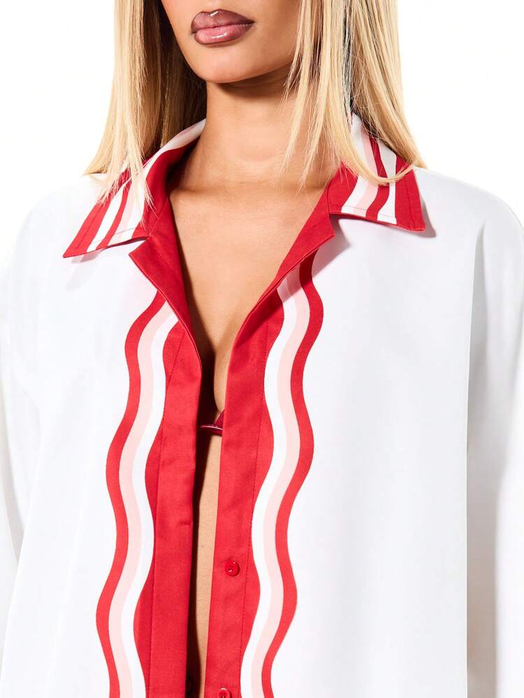 SUMWON WOMEN Red White Striped Button Shirt