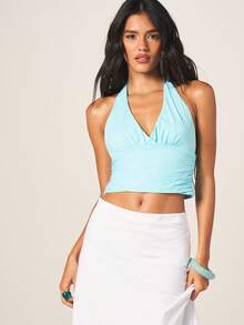 MISSGUIDED 轻盈露脐吊带短款上衣，V领设计，褶皱衣身，适合海滩度假 - 藍色 - 查看 5