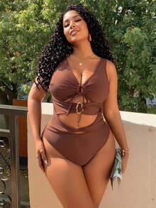 SHEIN Swim Plus Size Women Beach Holiday Solid Color Chest Tie Hollow Out One-Piece Swimsuit - Brown - View 4