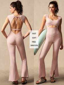 VARSIVA 女士纯色简约短袖连体裤，休闲运动装 - 粉色 - 查看 7