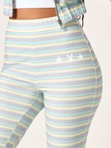Missguided x Playboy Women's High Rise Striped Leggings With Star Print Detail Soft Jersey Knit Full Length Fitted Elastic Waistband Casual Everyday Activewear - Multicolor - View 4