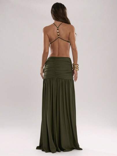 SHEIN BAE Women's Casual Vacation Solid Color Beaded Decor Halter Backless Dress, Suitable For Beach Vacation, Beach, Travel, Bohemian Vacation, Green Dress, Elegant Sexy Dress