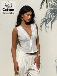 Aloruh Women's Deep V-Neck White Eyelet Embroidery Button-Up Shirt, Spring/Summer - White - View 3