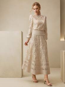 Anewsta 春秋季银灰色法式优雅圆领收腰蕾丝灯笼袖高腰中长连衣裙，尽显女性魅力 - 銀色 - 查看 5