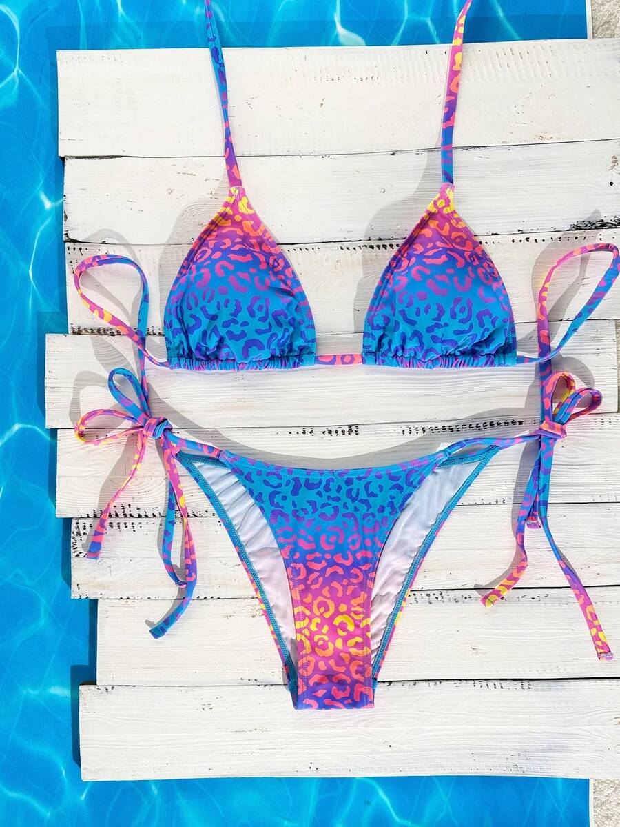 Swim Vcay 2026春夏新款女士吊带霓虹豹纹露背系带高衩比基尼套装 - 彩色 - 查看 1