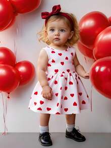 SHEIN Playful Pals Baby Girl Heart Print Round Neck Casual Sleeveless Dress - White - View 7