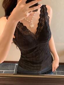 FRIFUL 女士V领蕾丝加垫时尚百搭休闲上衣 - 黑色 - 查看 5