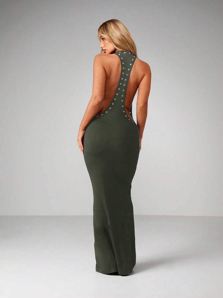 MISSGUIDED Eyelet Detail Scoop Neck Maxi Dress With Metal Grommet Embellishments Sleeveless Floor Length Bodycon Evening Dress