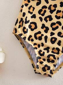 SHEIN Baby Girl Leopard Print Casual Beach Vacation Romper Swimsuit - Brown - View 5