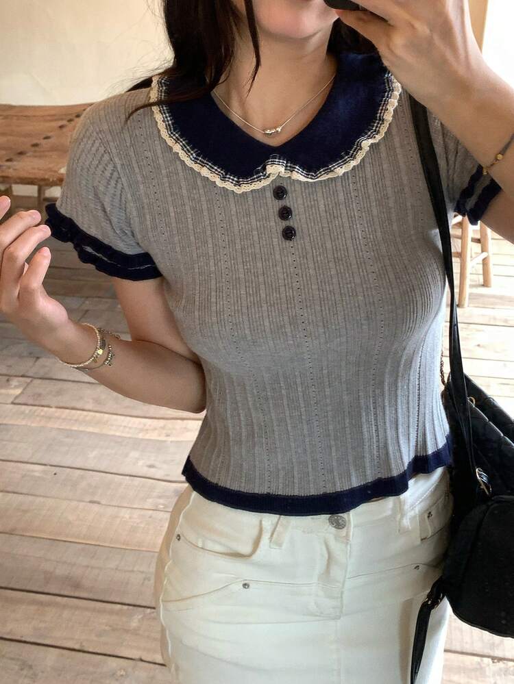 Women's Ruffled Polo Neck Knit Top