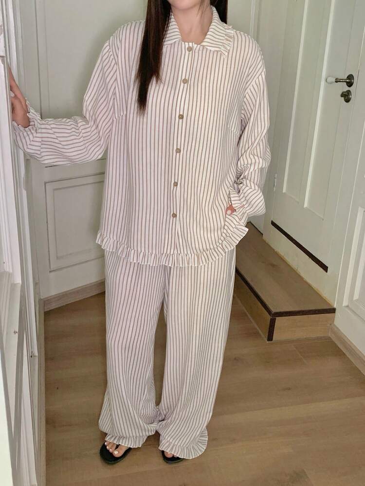 Dazy Plus Plus Size Striped Long Sleeve Top And Pants Pajama Set