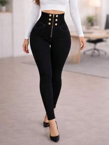 Adjusted Ribbon Type Mix Pants. Stretch. And Elastic Mixing - Black - View 4