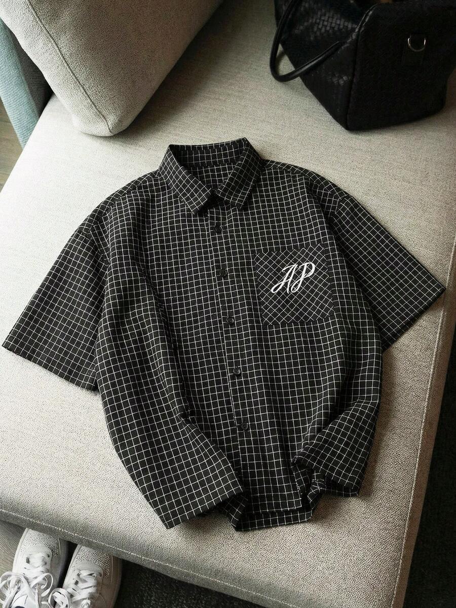 AXEPEAK Men's Casual Plaid Short Sleeve Shirt, Summer - Black - View 1