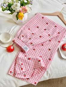 Comfortcana Light Pink Plaid Strawberry Embroidered Woven Women's Pants - Baby Pink - View 6