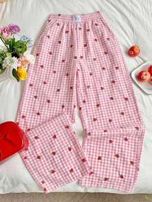 Comfortcana Light Pink Plaid Strawberry Embroidered Woven Women's Pants - Baby Pink - View 7