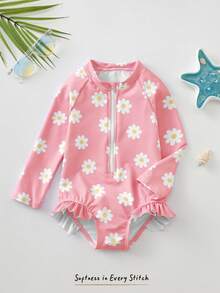 Cozy Pixies Áo tắm liền thân dài tay có khóa kéo in hoa cho bé gái, thích hợp cho kỳ nghỉ hè ở bãi biển. - Hồng - Xem 5