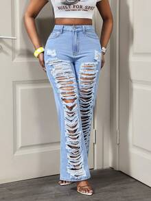 BamGleam Cowgirl Spring Women's Blue Non-Stretch Distressed Sexy Straight Leg Jeans - Light Wash - View 4