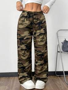 SHEIN EZwear Knitted Casual Military Green Camouflage Print Women Pants - Multicolor - View 3