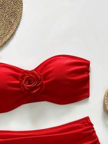 Swim Basics Women's Solid Color 3D Floral Decor Bikini Set - Red - View 4