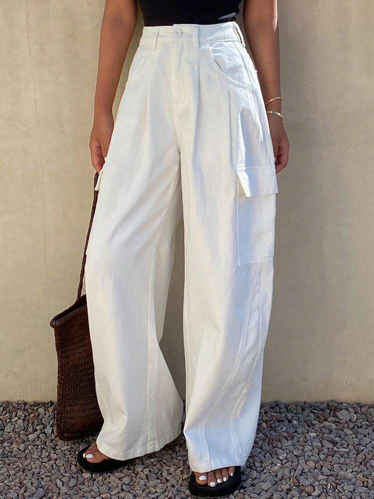 Women's Regular Waist Pleated Pocket Decor Loose Wide Leg Jeans, Casual City Style