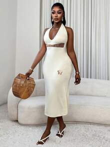 Xyvia Sexy Sequin Patchwork Backless Halter Knit Dress, Summer - Apricot - View 3