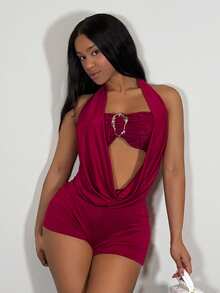 Slaydiva Burgundy Women's Strapless Jumpsuit With Metal Buckle - Red - View 3