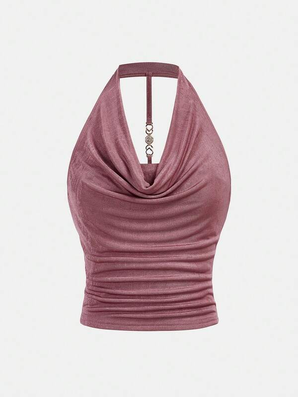 SHEIN Girlism Kids Teen Girl Draped Collar Halter Back Metal Decorative Buckle Top, Suitable For Cruise, Halloween, Dinner, Birthday, Homecoming, Sports, Back To School, Vacation, College Style, Easter, Music Festival, Graduation, Family Gathering Teen Top Cute Top Halter Top Open Back Top Summer Top