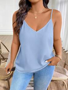 SHEIN Holidaya Plus Size Women's Sky Blue,Summer,Elegant,Night Out Club Solid Minimalist Camisole Backless Zipper Top,Casual Vacation Zip Up Bodysuit Tops For Jeans - Baby Blue - View 4