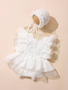 2Pcs Newborn Photography Romper With Matching Hat White Baby Girl Wedding Dress Summer Spring Ruffle Jumpsuit 0-3 Months Baby Photo Shooting Props - Multicolor - View 1