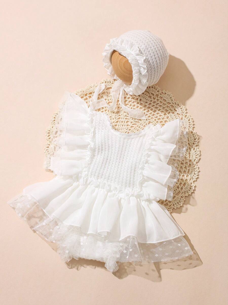 2Pcs Newborn Photography Romper With Matching Hat White Baby Girl Wedding Dress Summer Spring Ruffle Jumpsuit 0-3 Months Baby Photo Shooting Props - Multicolor - View 1