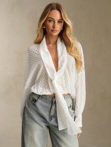 SHEIN Glamour Chiffon Jacquard Blouse, Women's Pullover Semi-Sheer White Shirt Top, Long Sleeve Loose Blouse, Jacquard Fabric Shirt - White - View 6
