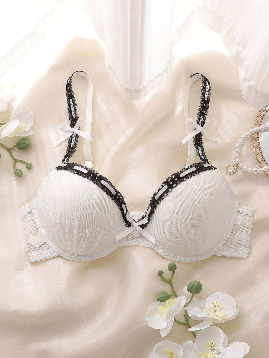 DelicateAllure 女士撞色蕾丝边蝴蝶结装饰文胸 - 彩色 - 查看 1